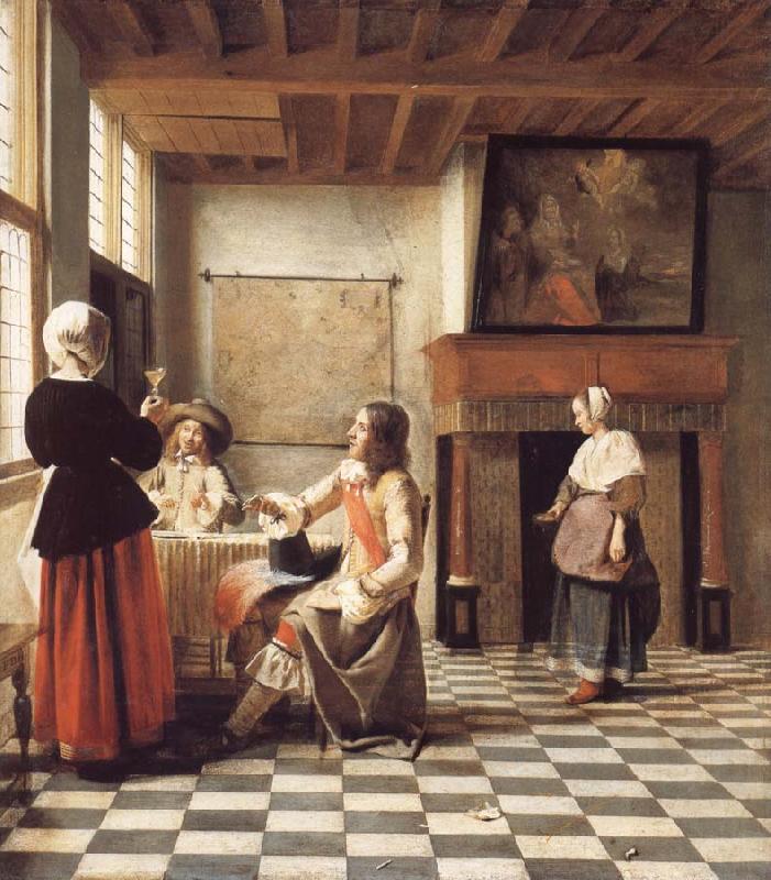 Pieter de Hooch An Interior,with a Woman Drinking with Two Men,and a Maidservant oil painting image